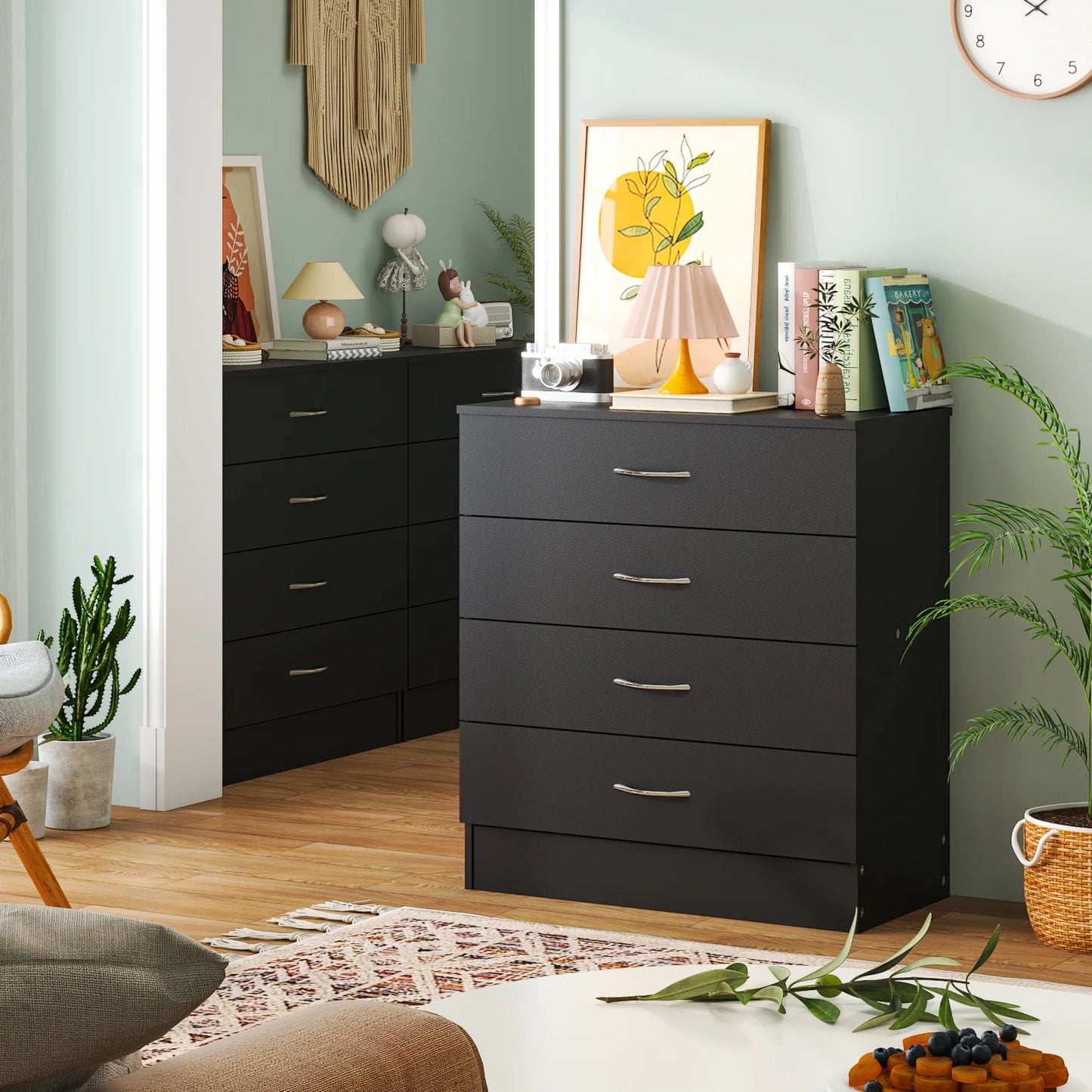 Black Chest of Drawers Dresser Wood Organizer Cabinet, 4 Drawer Nightstand Side Table, Furniture for Bedroom