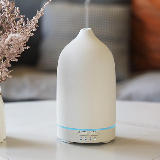 Ceramic Essential Oil Diffuser Ultrasonic Cool Mist, Aromatherapy Diffuser Whisper Quiet Aroma Diffuser with Timing Mode, 7 Colors LED Light Cycle Changing for Home Office Yoga SPA