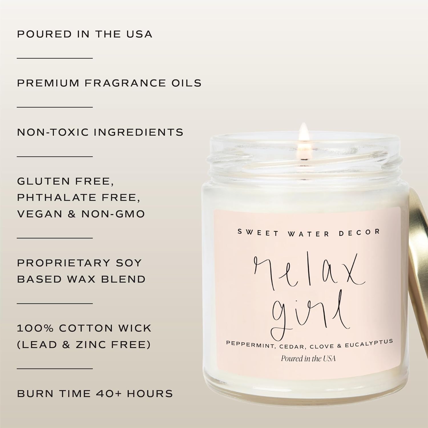 Relax Girl, Peppermint, Cedar, Clove, and Eucalyptus Scented Soy Wax Candle for Home | 9Oz Clear Jar, 40 Hour Burn Time, Non Toxic, Made in the USA