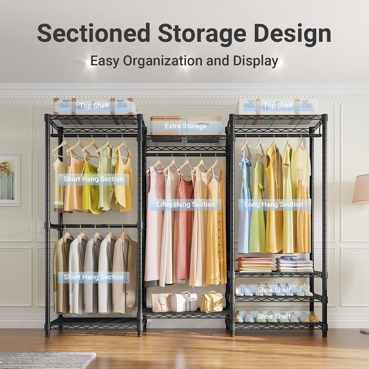 V5 Heavy Duty Clothes Rack, Portable Closet Wardrobe with 4 Hanging Rods & 8 Shelves, Freestanding Adjustable Garment Rack for Bedroom, Walk-In Closet, 890 Lbs Capacity, Black, 68.9" L