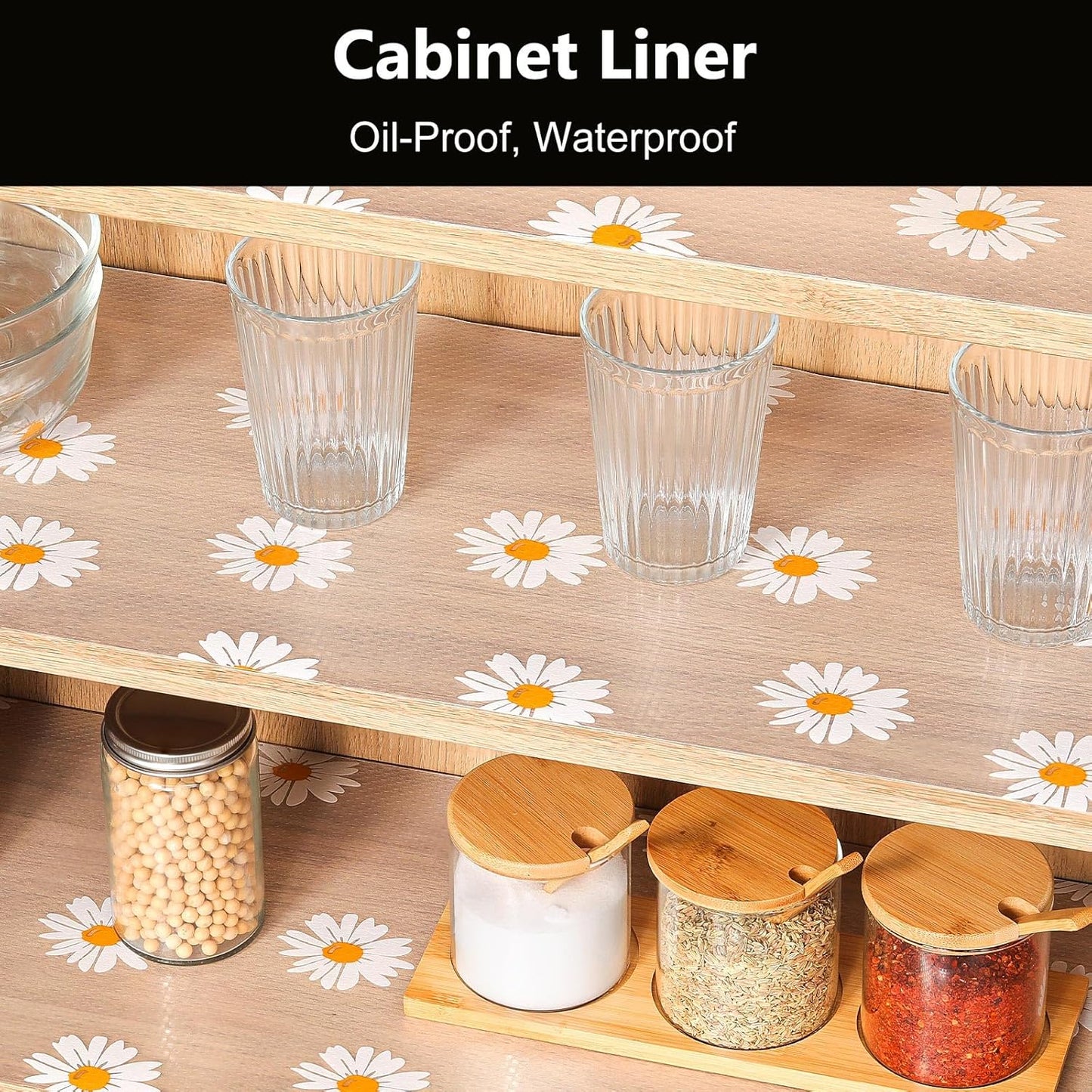 Shelf Liners for Kitchen Cabinets – Drawer Liner Waterproof & Oil-Proof, Non-Adhesive EVA with Floral Pattern – Durable Washable, Easy to Clean (Clean Daisy, 11.8" X 360")