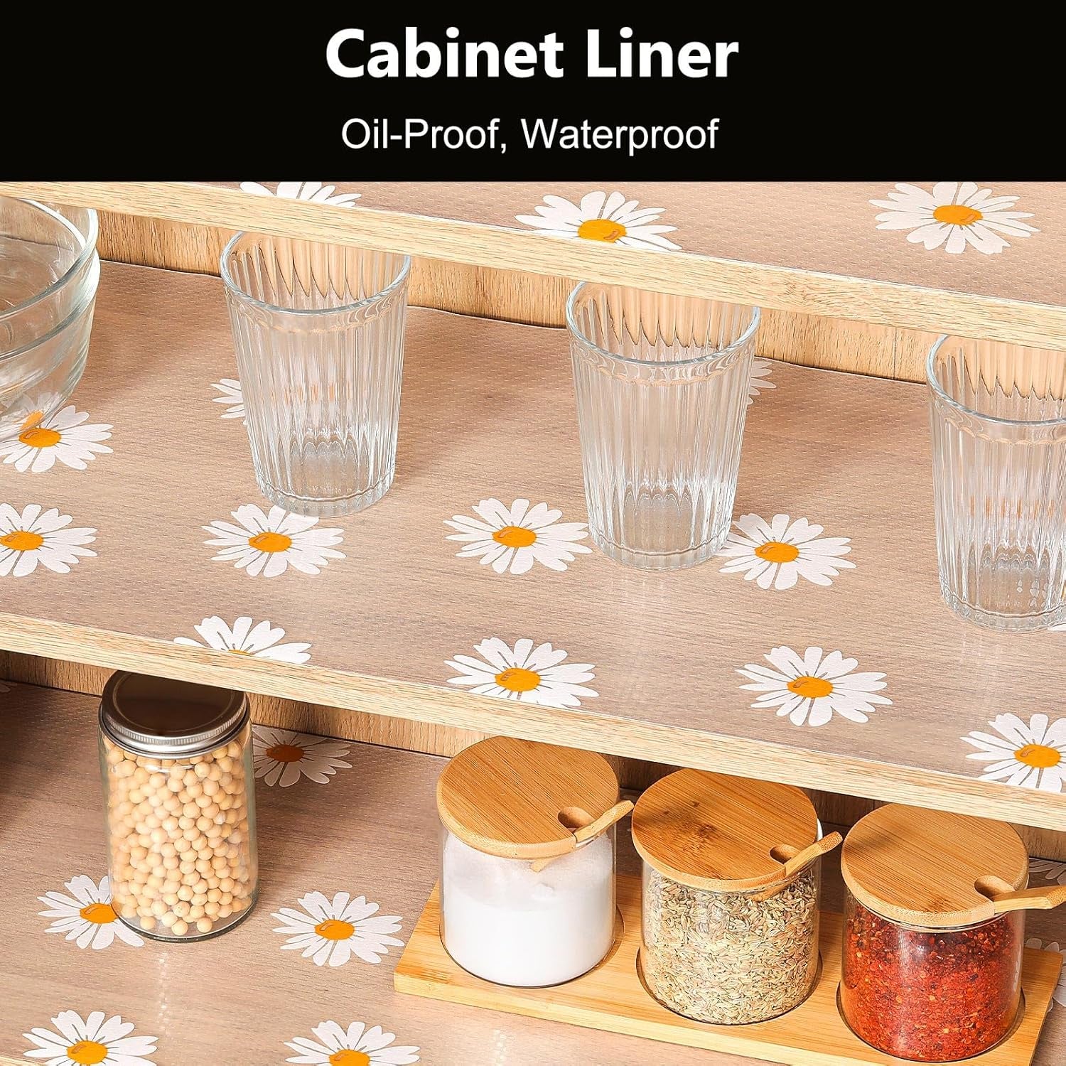Shelf Liners for Kitchen Cabinets – Drawer Liner Waterproof & Oil-Proof, Non-Adhesive EVA with Floral Pattern – Durable Washable, Easy to Clean (Clean Daisy, 11.8" X 360")