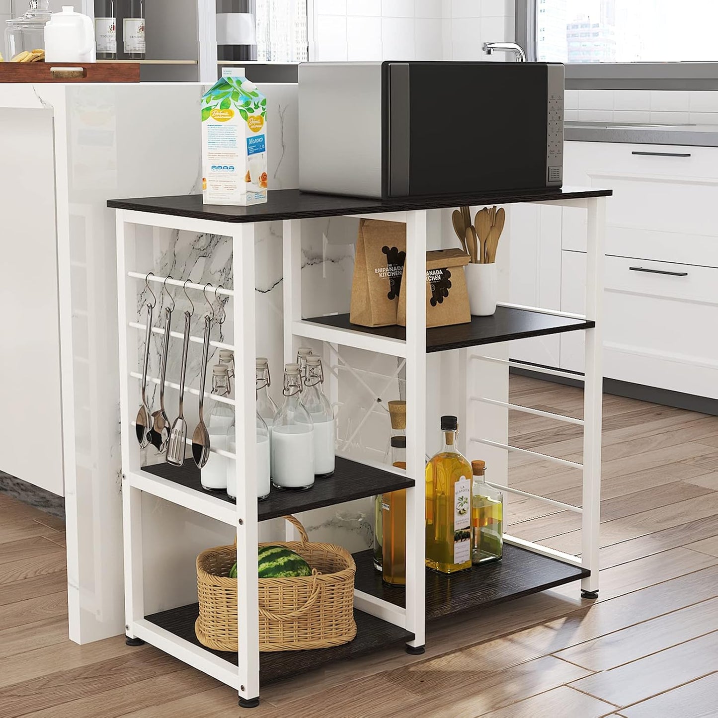 Kitchen Bakers Rack with Storage Kitchen Cart Baker'S Rack Utility Microwave Oven Stand Storage Utility Shelf Coffee Stand for Home and Kitchen Black