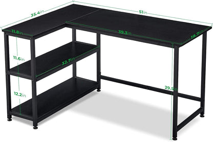 51 Inch L Shaped Gaming Desk Small Reversible Corner Gaming Computer Desk with Storage Shelves for Home Office PC Workstation Laptop Table, Black