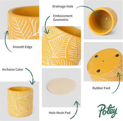 Cement Planter Flower Pot - 4.8" Vintage Indoor Plants Containers Unglazed Medium Bonsai with Drain Hole - Yellow, Leaves Embossment