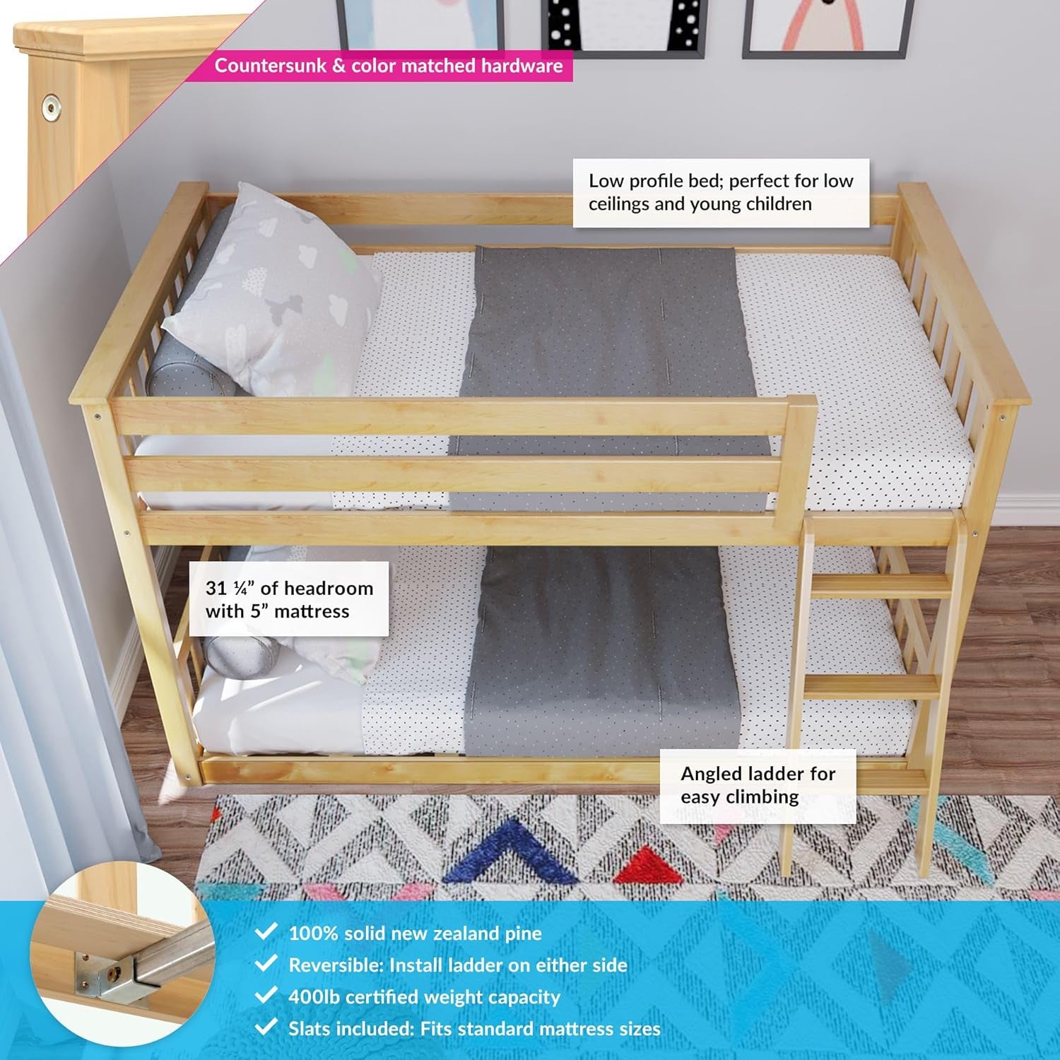 Max & Lily Twin over Twin Low Bunk Bed with Ladder, Wooden Bunk Beds with 14” Safety Guardrail for Kids,Toddlers, Boys, Girls, Teens, Bedroom Furniture, Natural