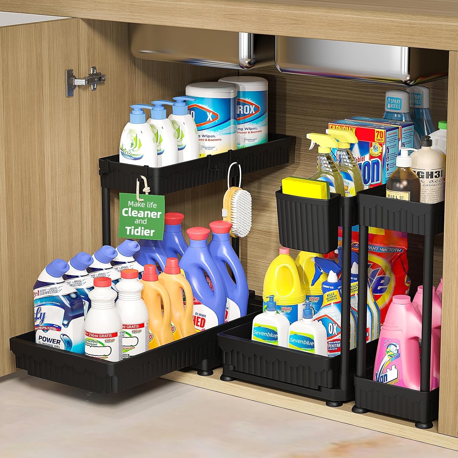 L-Shaped Pull-Out Storage Organizers, 3 Pack (Black, 12.85 Inch)