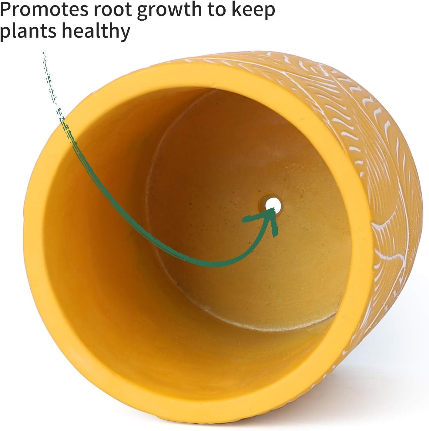 Cement Planter Flower Pot - 4.8" Vintage Indoor Plants Containers Unglazed Medium Bonsai with Drain Hole - Yellow, Leaves Embossment