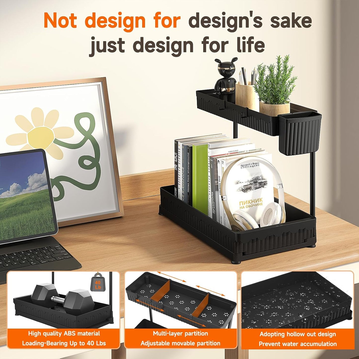 L-Shaped Pull-Out Storage Organizers, 3 Pack (Black, 12.85 Inch)