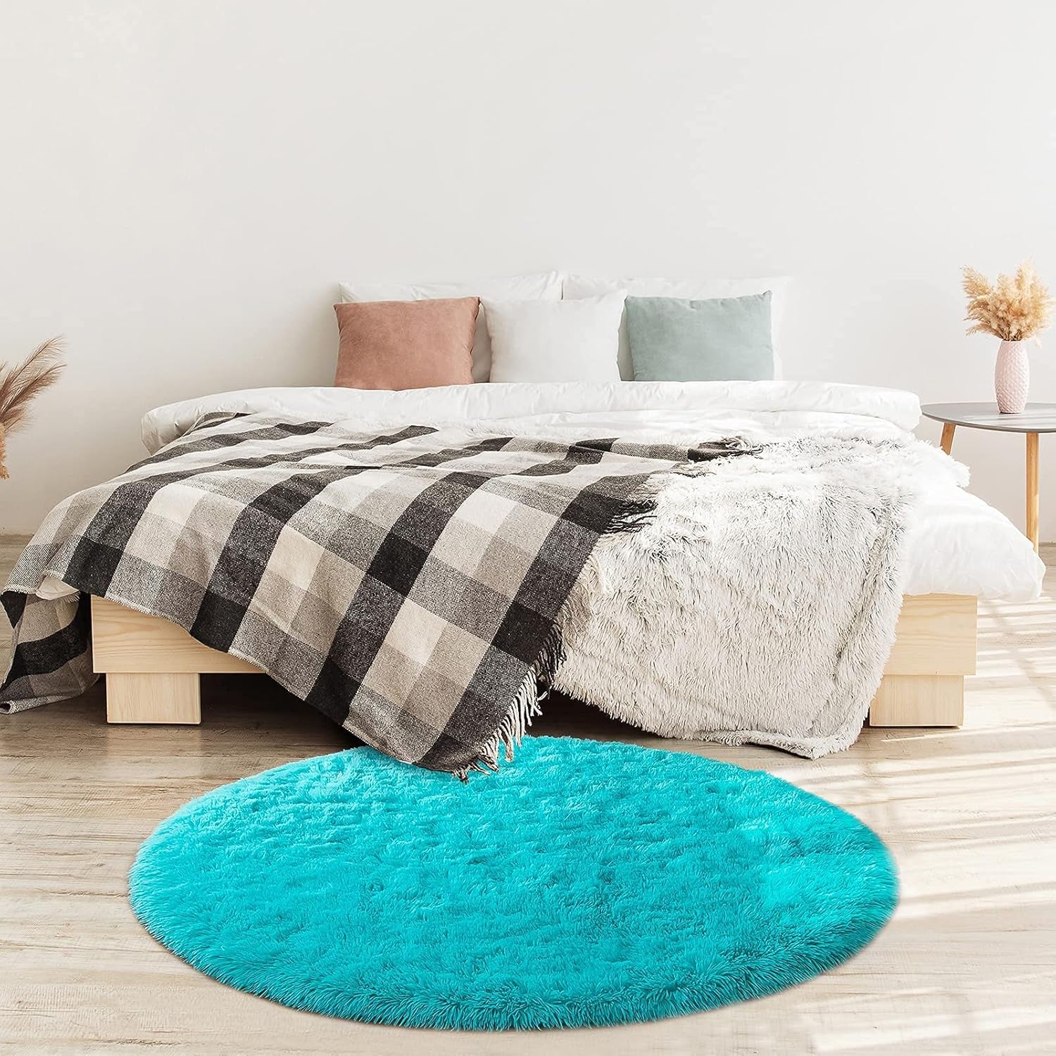 Fluffy round Rug Nursery Rug, Turquoise Blue Circle Rug Kids Rug, 4 X 4 Feet