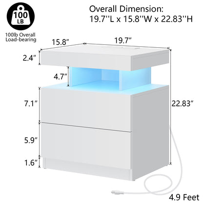 LED Nightstand with Wireless Charging Station Modern Nightstand Type C USB Port 2 Drawers Bedside Table White Smart Night Table High Gloss End Side Table for Bedroom Furniture 22.3" Tall