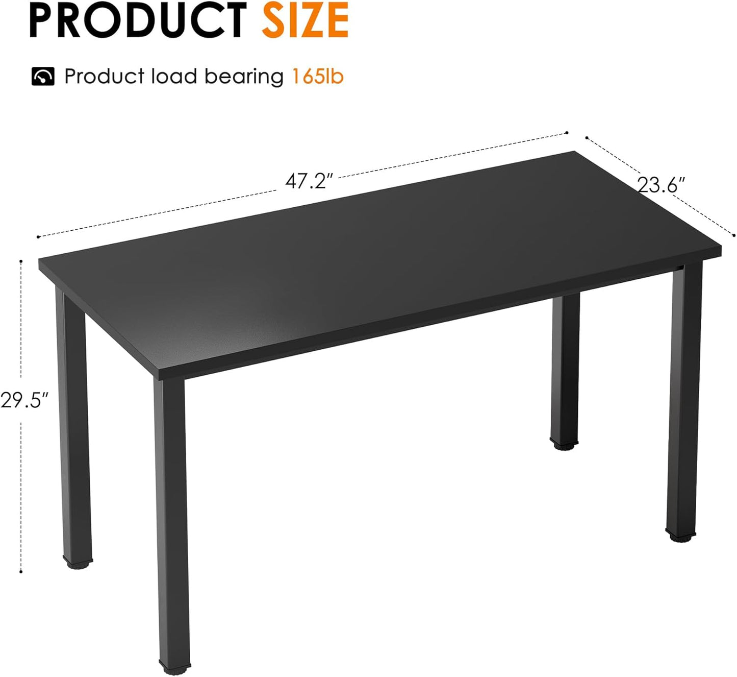 Computer Desk, 47 Inch Home Office Desk, Modern Simple Style Home Office Gaming Desk, Basic Writing Table for Study Student, Black Metal Frame, Black Table Top
