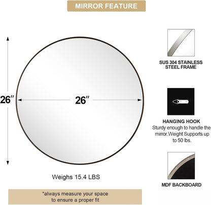 Nickel round Mirror, 26" Brushed Nickel round Mirror, Sliver Circle Bathroom Mirrors in Stainless Steel Metal Frame 1" Deep