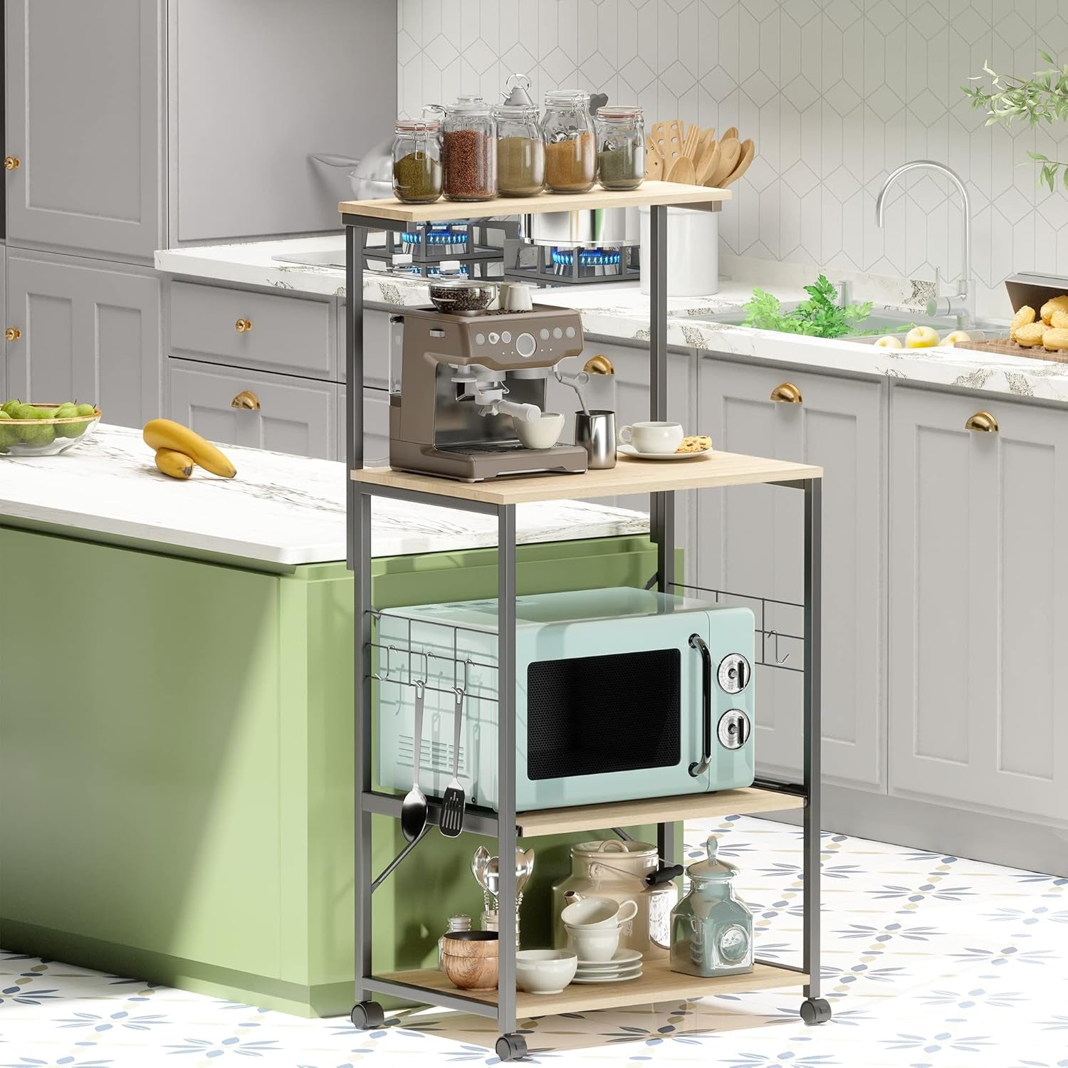 Kitchen Baker'S Rack Utility Storage Shelf Microwave Stand Cart on Wheels with Side Hooks, Kitchen Organizer Rack 4 Tier Shelves Adjustable Feet P2 Wood Oak