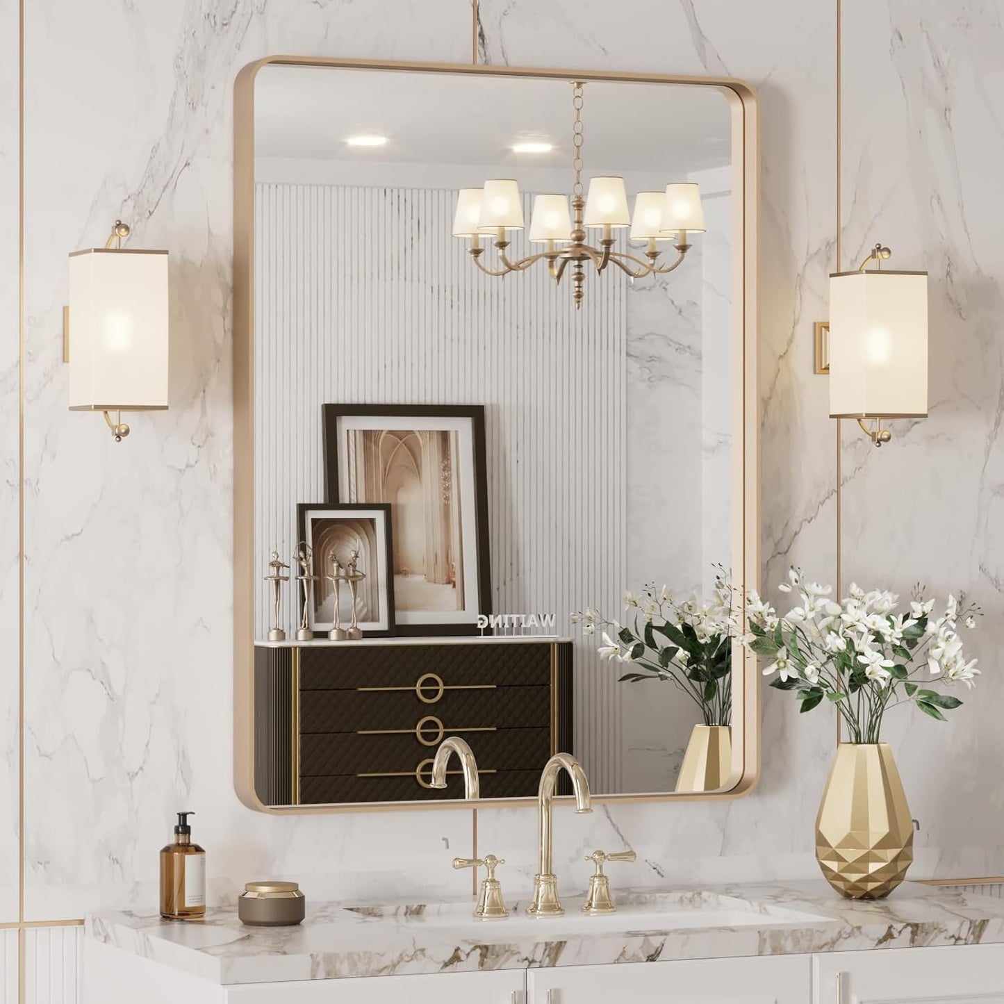 20”X30” Gold Bathroom Mirror, Rounded Rectangle Gold Frame Mirror, Brushed Gold Bathroom Vanity Mirror Wall-Mounted, Anti-Rust, Hangs Horizontally or Vertically
