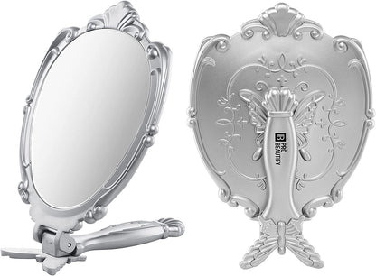 Decorative Hand Held Butterfly Design Mirror | 180 Degrees Full Folding Portable Travel Makeup Mirror (Silver)