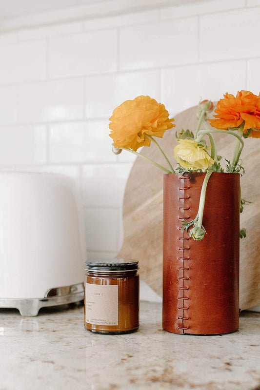 Leather Vase - Farmhouse Vase for Flowers, Brown Vase, Rustic Vases for Flowers | Rustic Room Decor, Masculine Decor, Rustic Vases for Decor | Log Cabin Decor | 8"