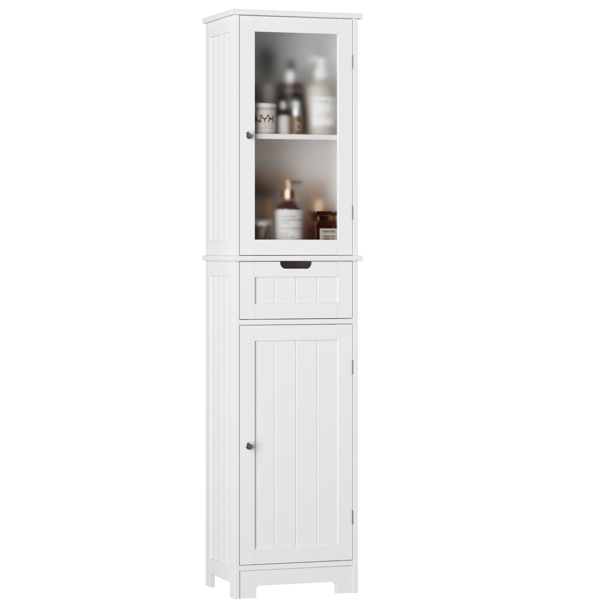 Bathroom Storage Tower, Narrow Linen Cabinet with Door and Drawers, Tall Bathroom Storage Cabinet for Small Spaces, White