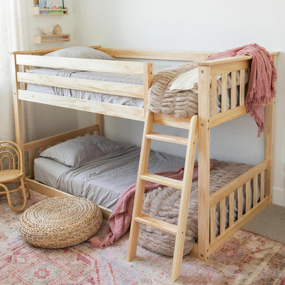 Max & Lily Twin over Twin Low Bunk Bed with Ladder, Wooden Bunk Beds with 14” Safety Guardrail for Kids,Toddlers, Boys, Girls, Teens, Bedroom Furniture, Natural
