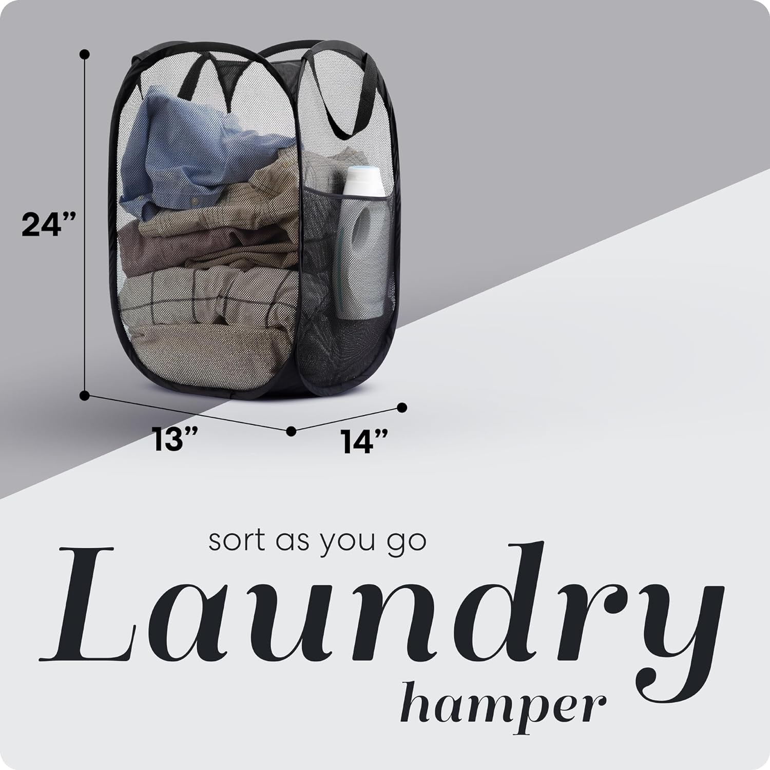 Collapsible Mesh Pop up Hamper with Wide Opening and Side Pocket - Breathable, Sturdy, Foldable, and Space-Saving Design for Clothes and Storage (Black)