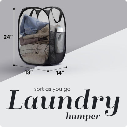 Collapsible Mesh Pop up Hamper with Wide Opening and Side Pocket - Breathable, Sturdy, Foldable, and Space-Saving Design for Clothes and Storage (Black)