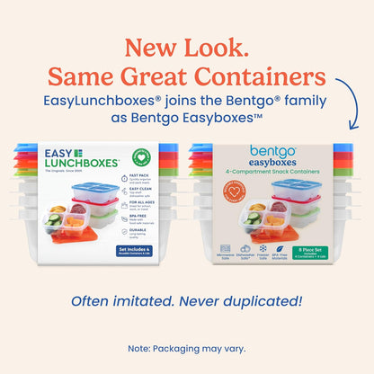 Easyboxes 4-Compartment Snack Containers - 8-Piece Set with 4 Trays & 4 Custom-Fit Lids to Seal in Freshness - Reusable Food Storage & Meal Prep Bento Bpa-Free Containers (Classic 4-Pack)
