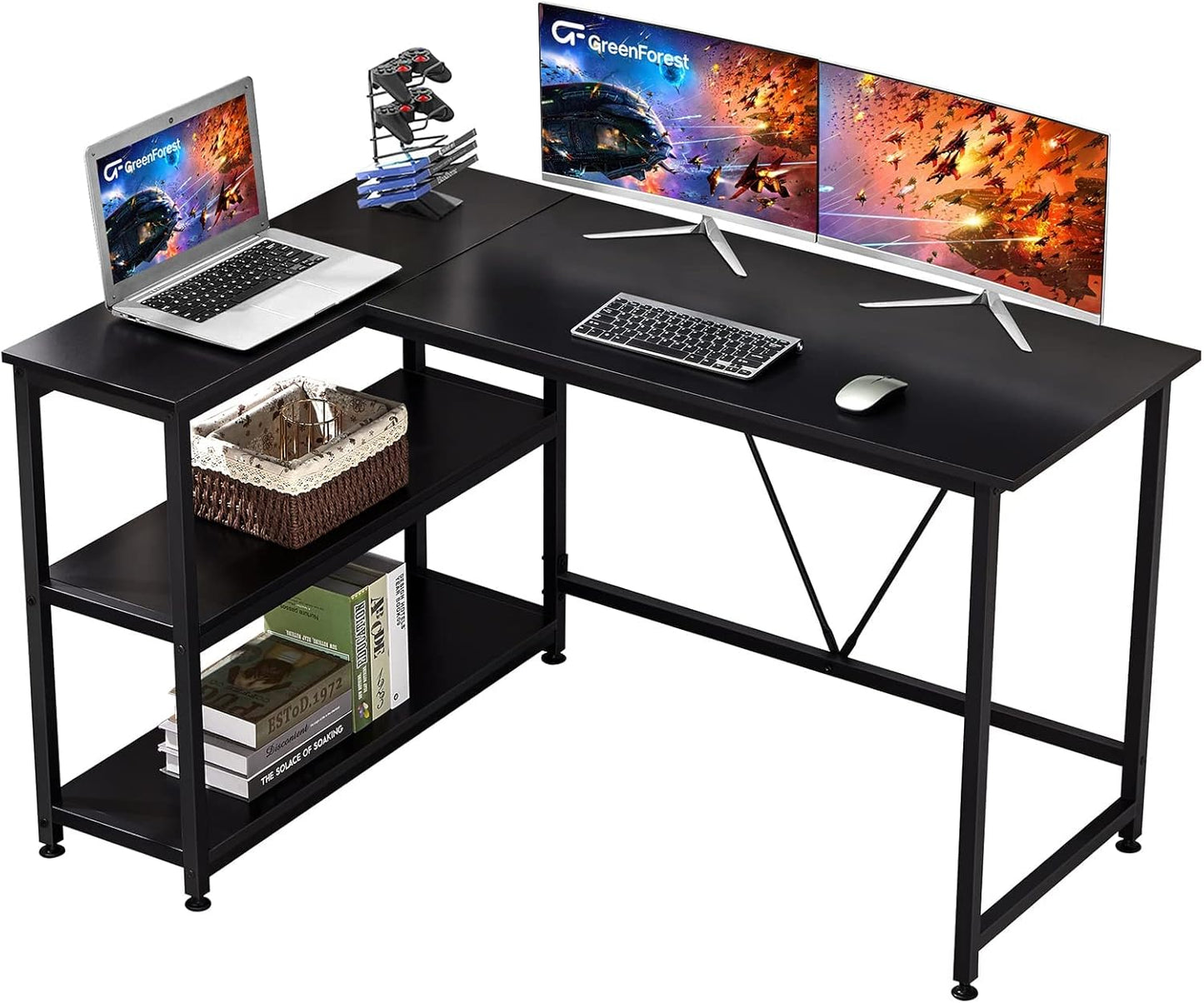51 Inch L Shaped Gaming Desk Small Reversible Corner Gaming Computer Desk with Storage Shelves for Home Office PC Workstation Laptop Table, Black