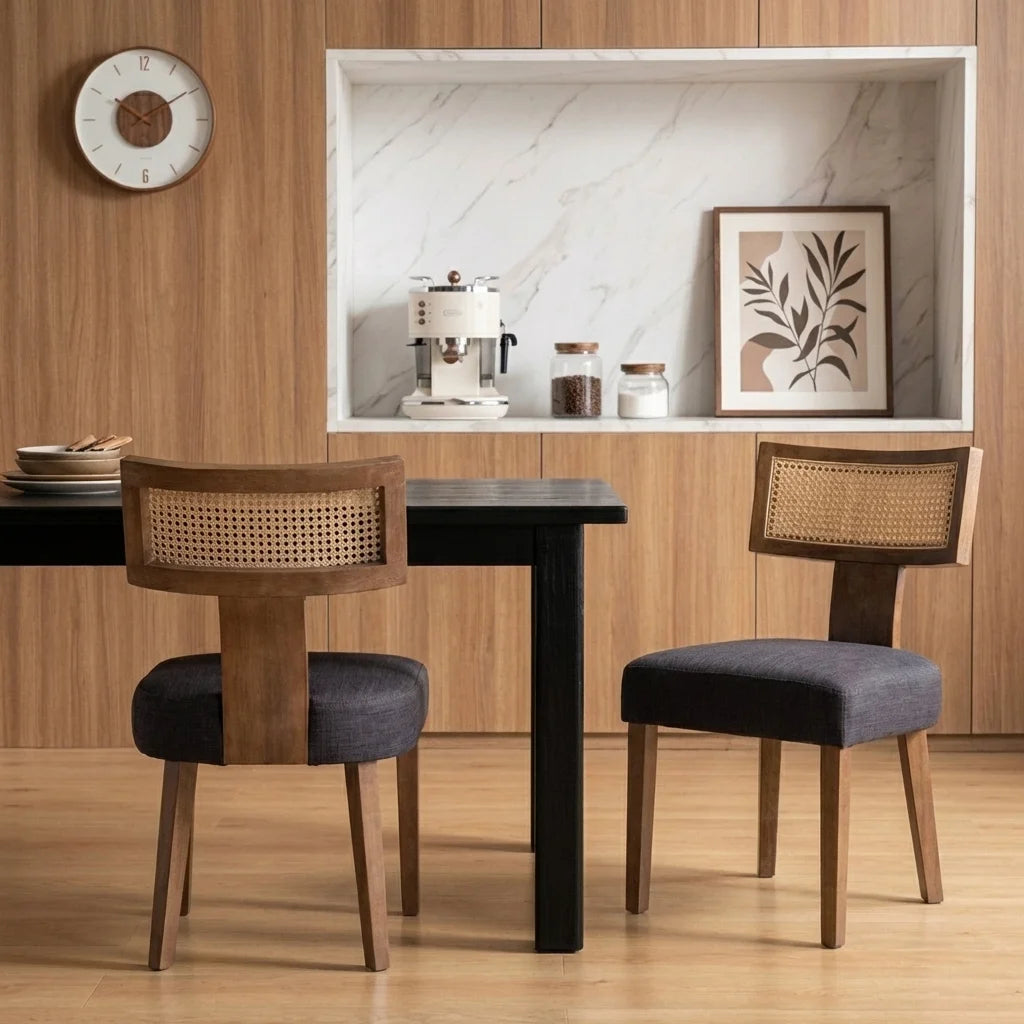 Modern Rattan Backrest Dining Chairs Set of 2, Mid-Century Farmhouse Linen Upholstered Kitchen Chairs Solid Wood Side Chairs for Kitchen Dining Room Living Room, Charcoal