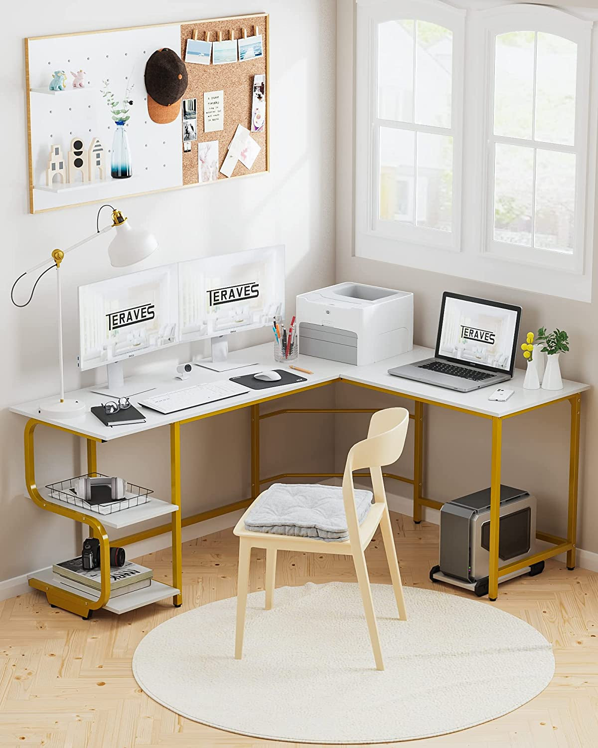 Reversible L Shaped Desk with Large Surface, 61 Inch Sturdy Corner Desk with Storage Shelves, Premium Office Computer Desk Workstation for Home Office Gaming