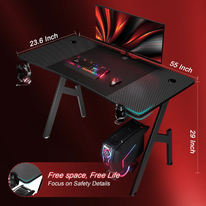 55 Inch Gaming Desk, Ergonomic Gaming Table, Computer Desk with Headphone Hook & Cup Holder