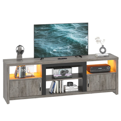 70" Farmhouse TV Stand for Tvs up to 80" with LED Lights, Entertainment Center with Cabinet & Open Shelves in Wash Grey