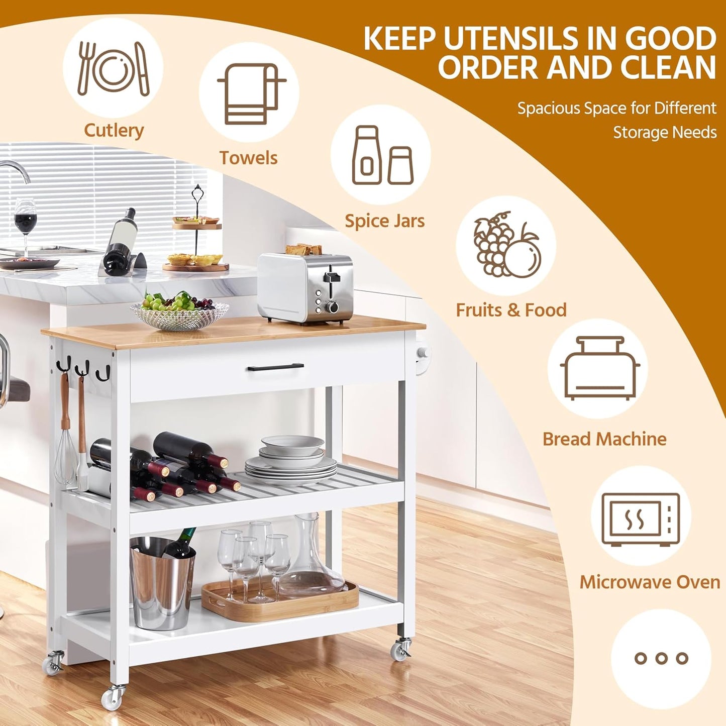 Kitchen Island Cart on Wheels with Bamboo Tabletop, 3-Tier Rolling Kitchen Island Microwave Cart with Drawer, Detachable Towel, 3 Hooks, 17" D X 37.5" W, White