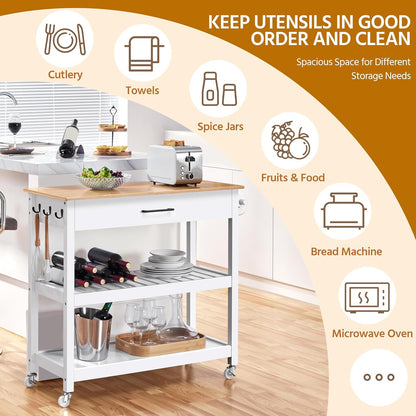Kitchen Island Cart on Wheels with Bamboo Tabletop, 3-Tier Rolling Kitchen Island Microwave Cart with Drawer, Detachable Towel, 3 Hooks, 17" D X 37.5" W, White