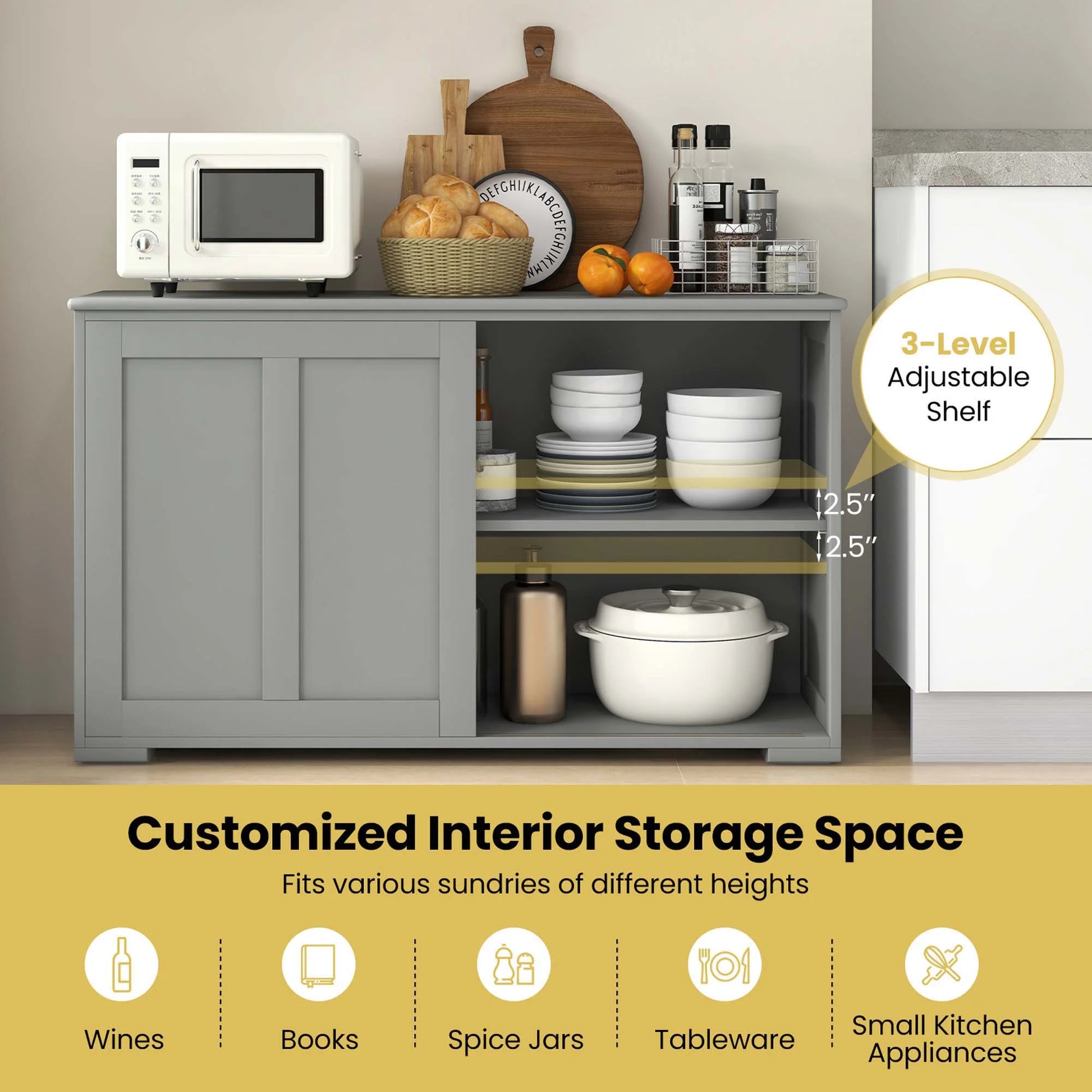 Kitchen Storage Cabinet Sideboard Buffet Cupboard Wood Sliding Door Pantry Gray