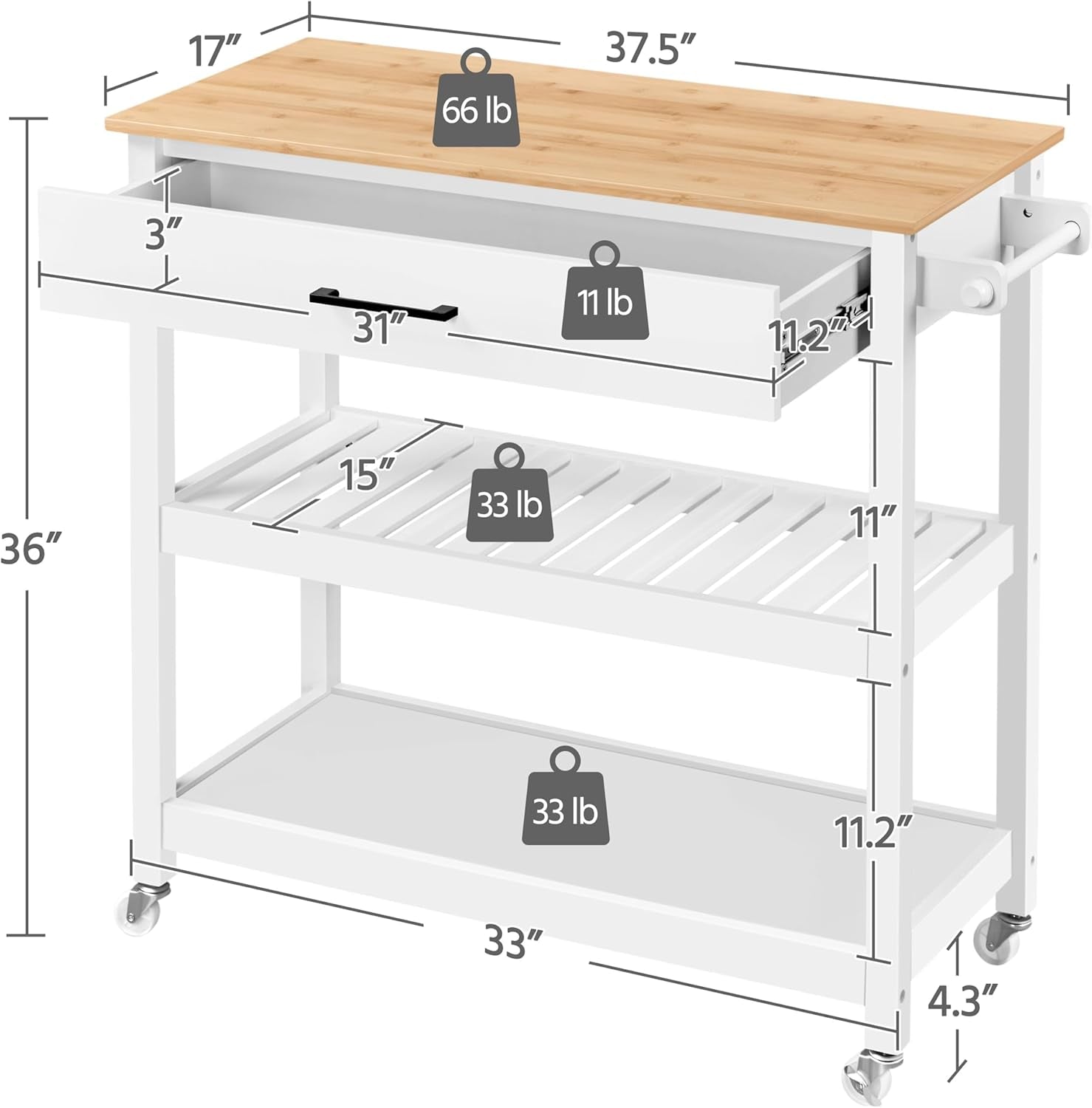 Kitchen Island Cart on Wheels with Bamboo Tabletop, 3-Tier Rolling Kitchen Island Microwave Cart with Drawer, Detachable Towel, 3 Hooks, 17" D X 37.5" W, White