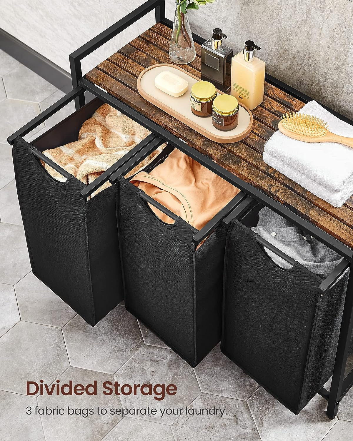 Laundry Hamper, Laundry Basket, Laundry Sorter with 3 Pull-Out and Removable Bags, Shelf, Metal Frame, 3 X 10.6 Gallons (40 L), 36.4 X 13 X 28.4 Inches, Ink Black and Rustic Brown UBLH301B01