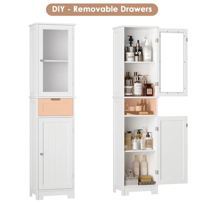 Bathroom Storage Tower, Narrow Linen Cabinet with Door and Drawers, Tall Bathroom Storage Cabinet for Small Spaces, White