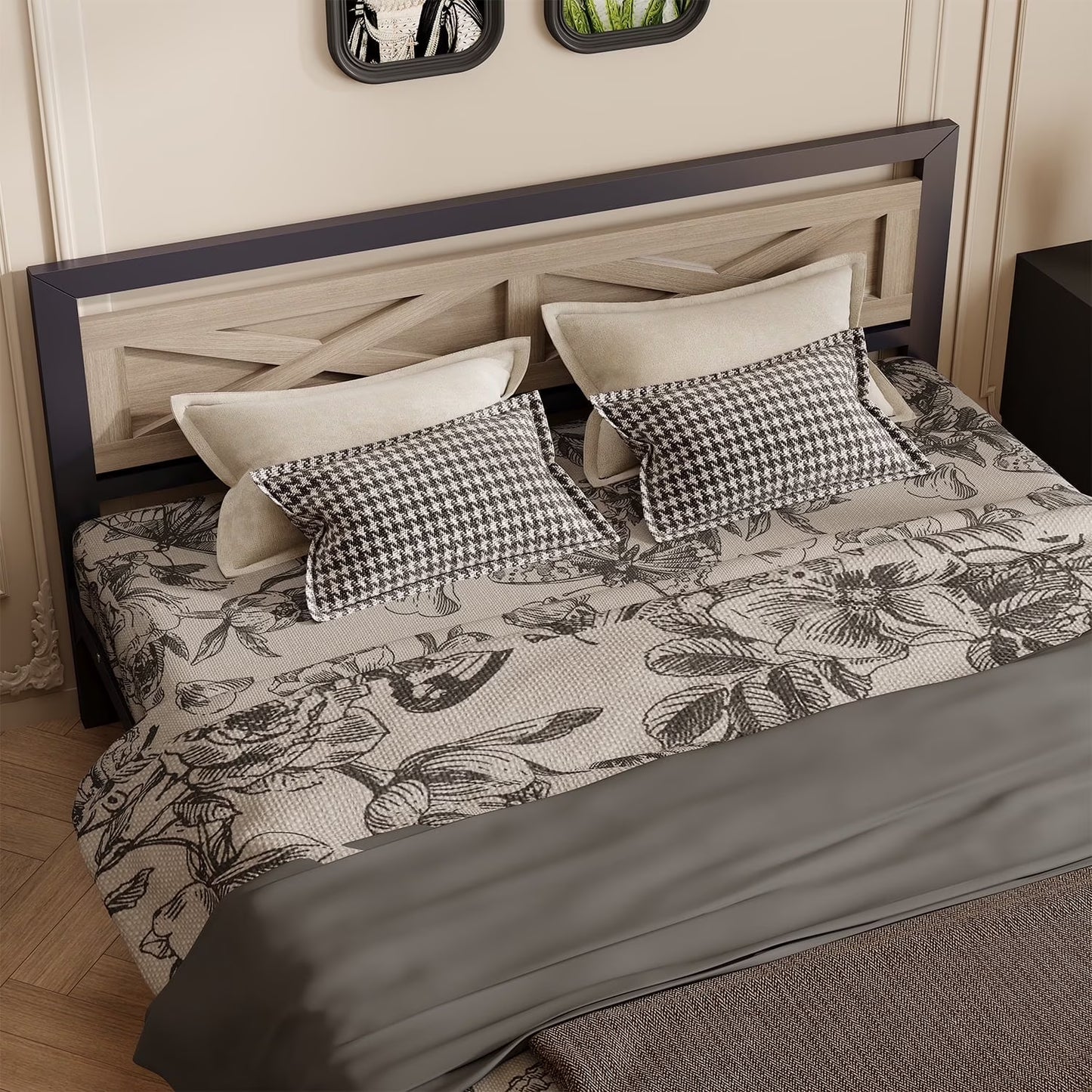 Behost Twin Bed Frame with Headboard and Underbed Storage, Metal Wood Platform Bed Frame Twin, No Box Spring Needed