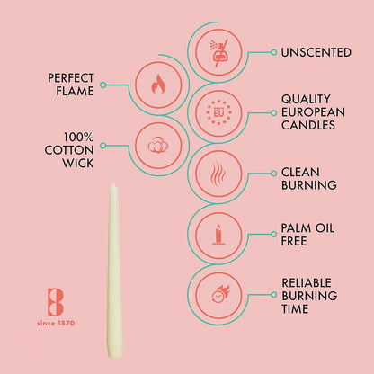 Ivory Taper Candles - 10 Pack Unscented 10 Inch Dinner Candle Set - 8 Hours Burn Time - Premium European Quality - Smokeless and Dripless Household, Wedding, Party, and Home Décor Candlesticks