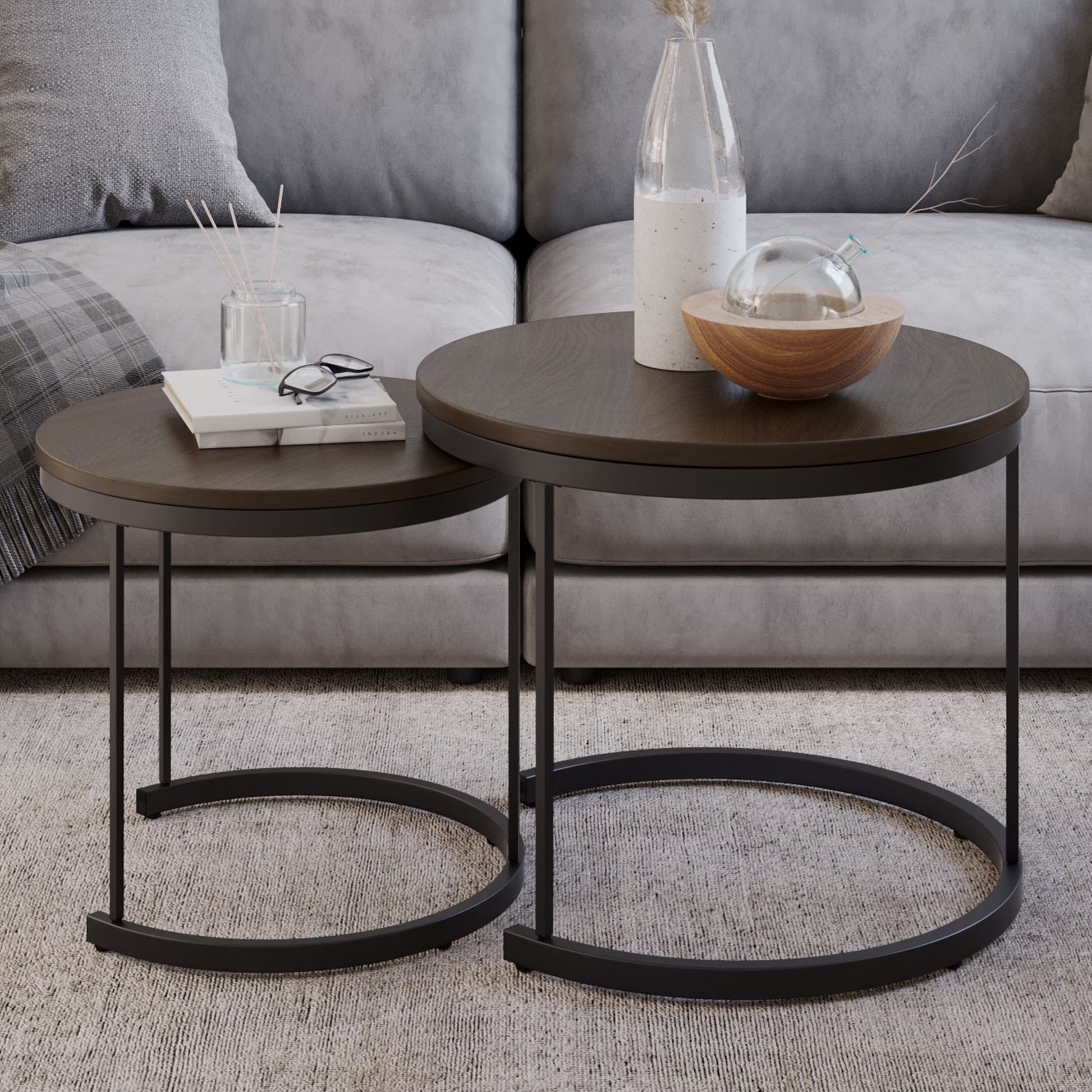 19.75-Inch Nesting Coffee Table Small round Tables Nest Together, Brown, Set of 2