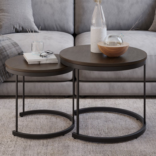 19.75-Inch Nesting Coffee Table Small round Tables Nest Together, Brown, Set of 2