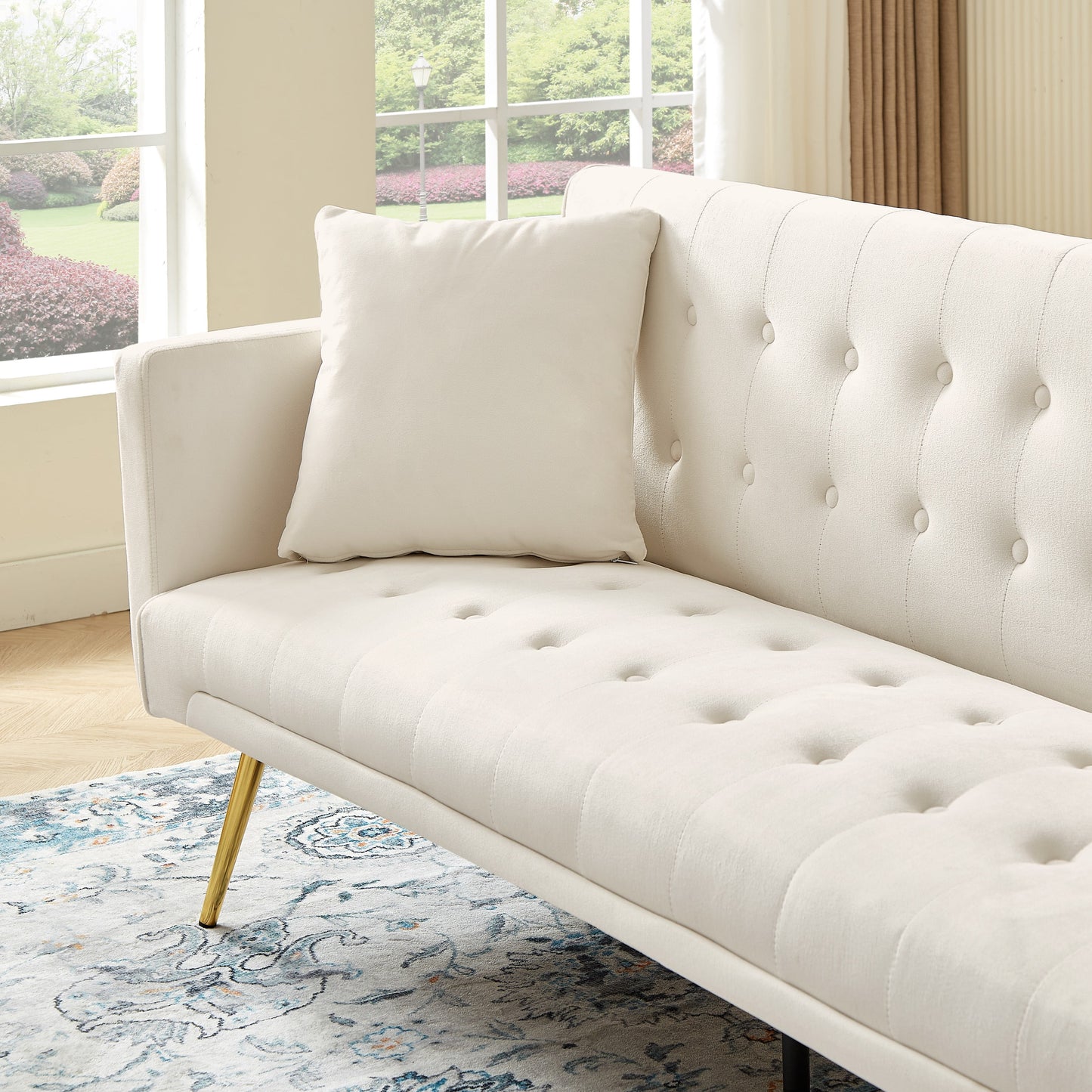 Modern Velvet Futon Sofa Bed,Convertible Sleeper Sofa Couch with 3 Adjustable Couch Loveseat with Metal Leg for Living Room and Bedroom,Beige