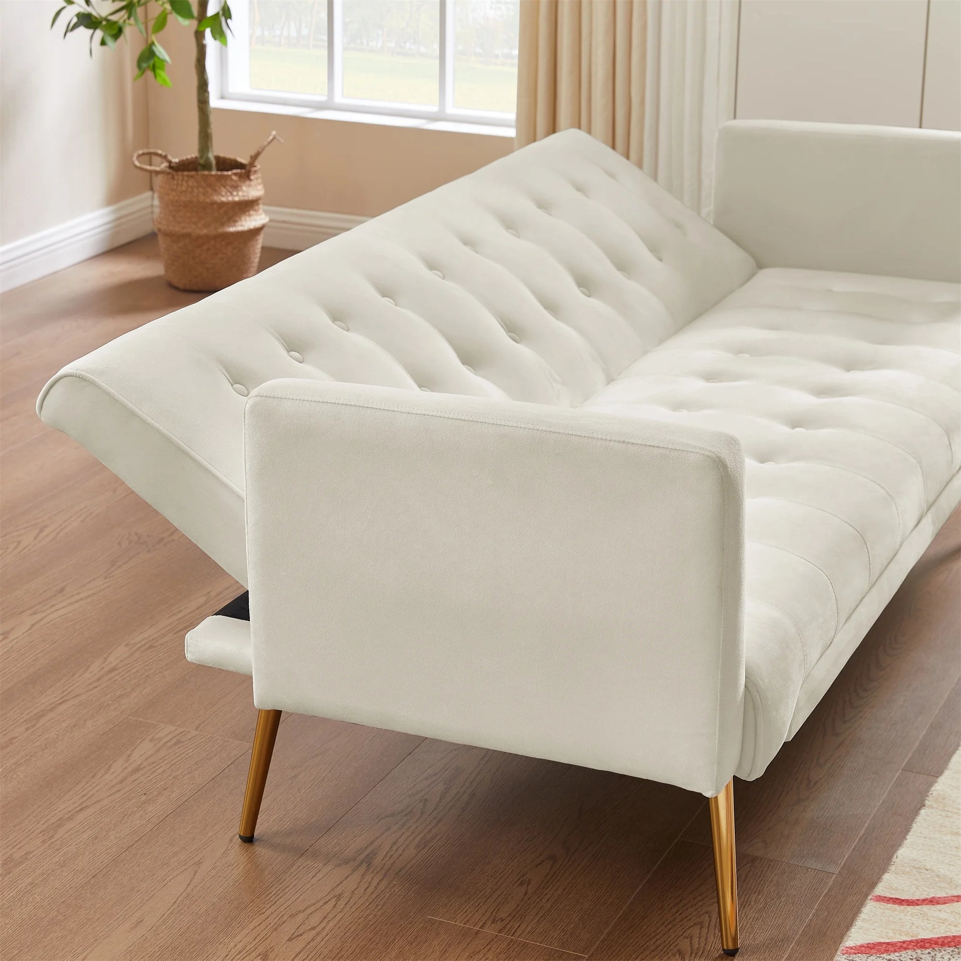 Modern Velvet Futon Sofa Bed,Convertible Sleeper Sofa Couch with 3 Adjustable Couch Loveseat with Metal Leg for Living Room and Bedroom,Beige