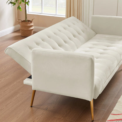 Modern Velvet Futon Sofa Bed,Convertible Sleeper Sofa Couch with 3 Adjustable Couch Loveseat with Metal Leg for Living Room and Bedroom,Beige