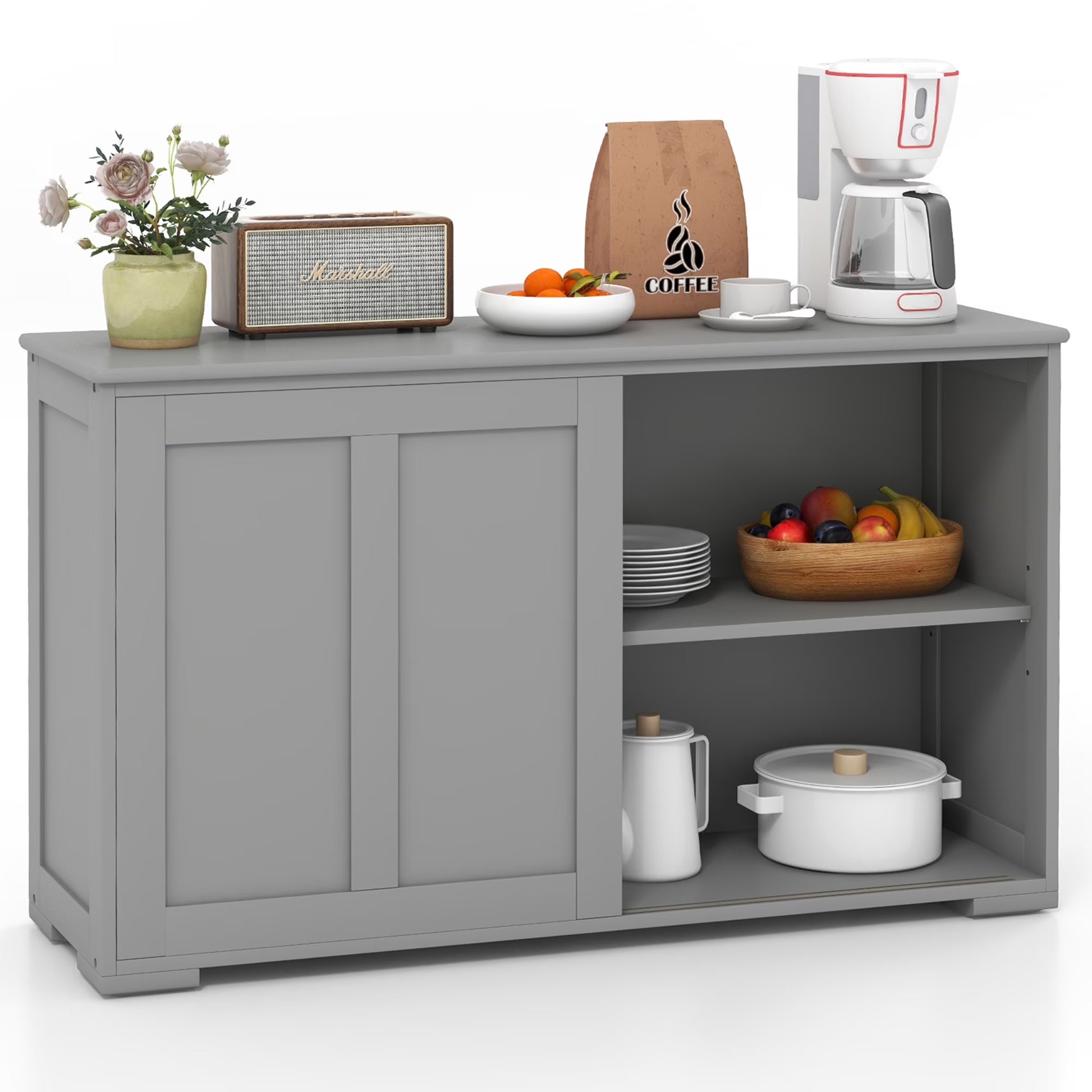 Kitchen Storage Cabinet Sideboard Buffet Cupboard Wood Sliding Door Pantry Gray