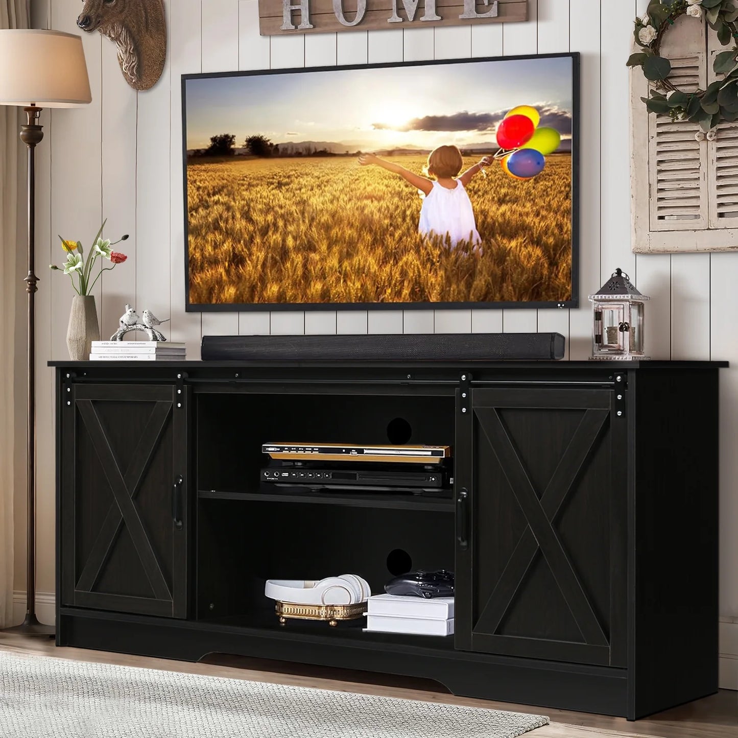 Farmhouse Coffee Bar Cabinet with Storage, 58’’Buffet Sideboard Cabinet with Sliding Barn Doors and 2 Adjustment Shelves, Kitchen Sideboard Cabinet for Dining Living Room