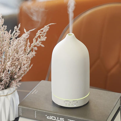Ceramic Essential Oil Diffuser Ultrasonic Cool Mist, Aromatherapy Diffuser Whisper Quiet Aroma Diffuser with Timing Mode, 7 Colors LED Light Cycle Changing for Home Office Yoga SPA