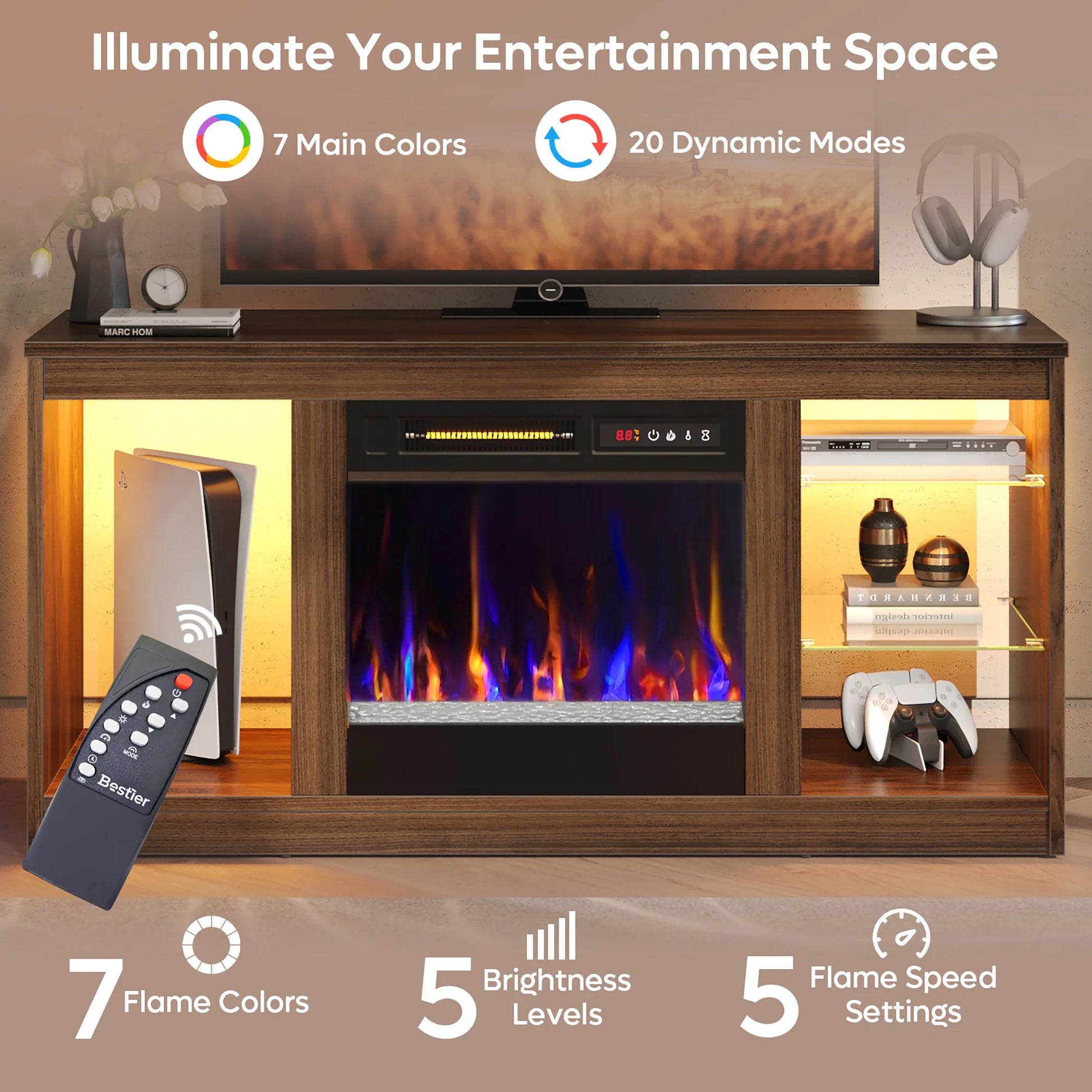 Modern Electric Fireplace TV Stand for Tvs up to 55", with LED and Glass Shelves, Walnut