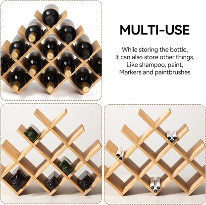 Wooden 13-Bottle Wine Rack - Nature Wood 4-Tier Wine Display Rack/Free Standing and Countertop Storage Shelf - Bottle Holder/Cabinet Glass XHJJ4-NA