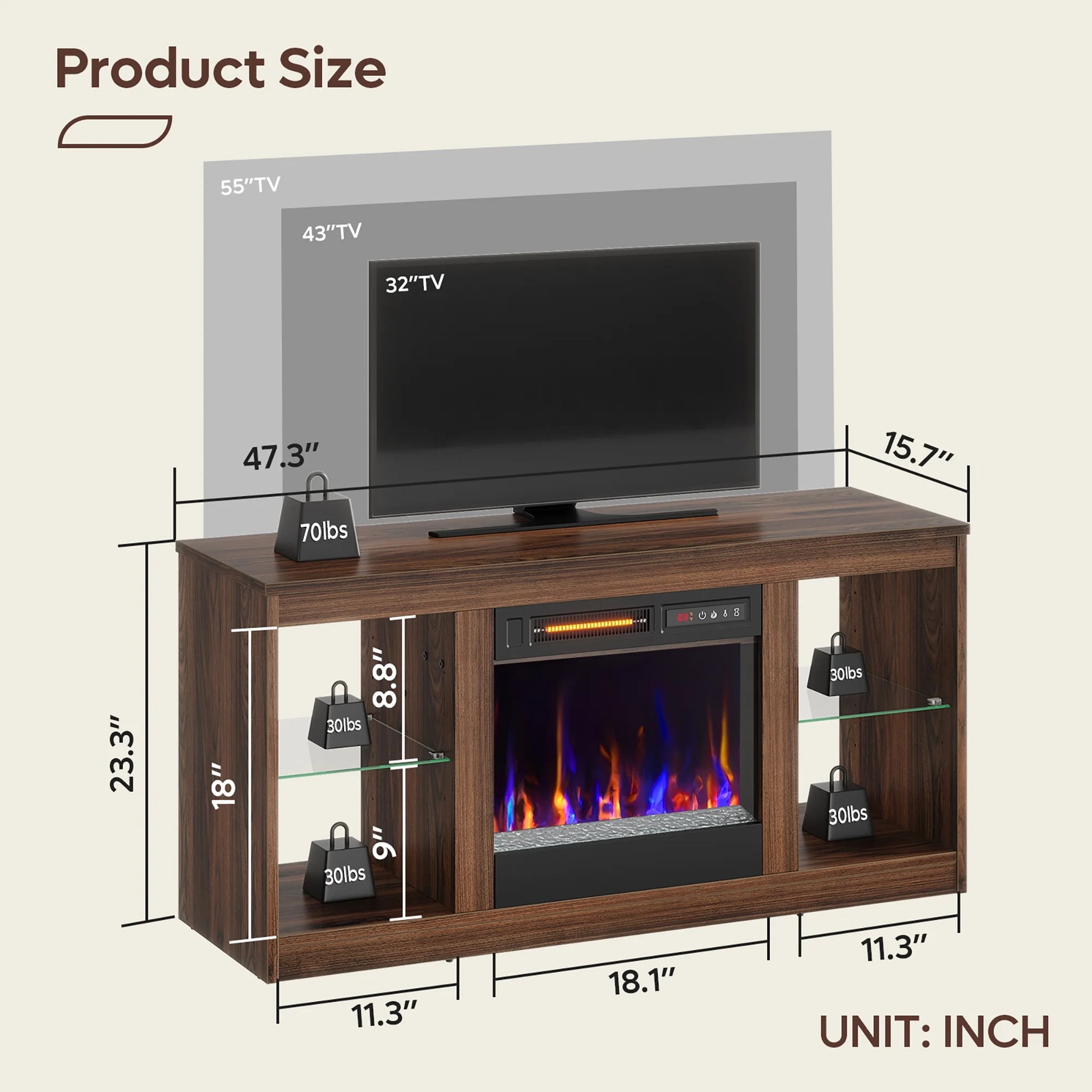 Modern Electric Fireplace TV Stand for Tvs up to 55", with LED and Glass Shelves, Walnut